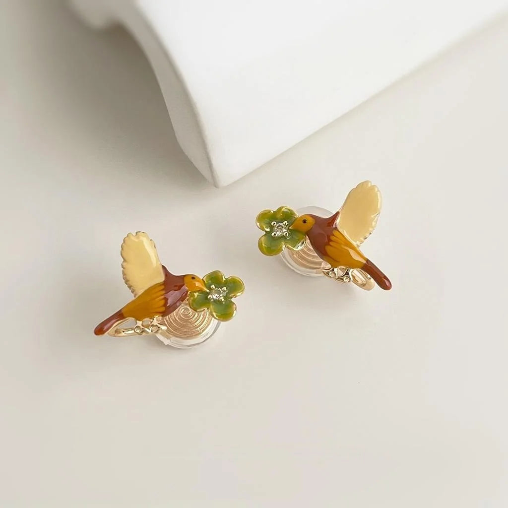 Elegant Enamel Glazed Copper Bird Flower Stud Earrings With Silver Plated Pins