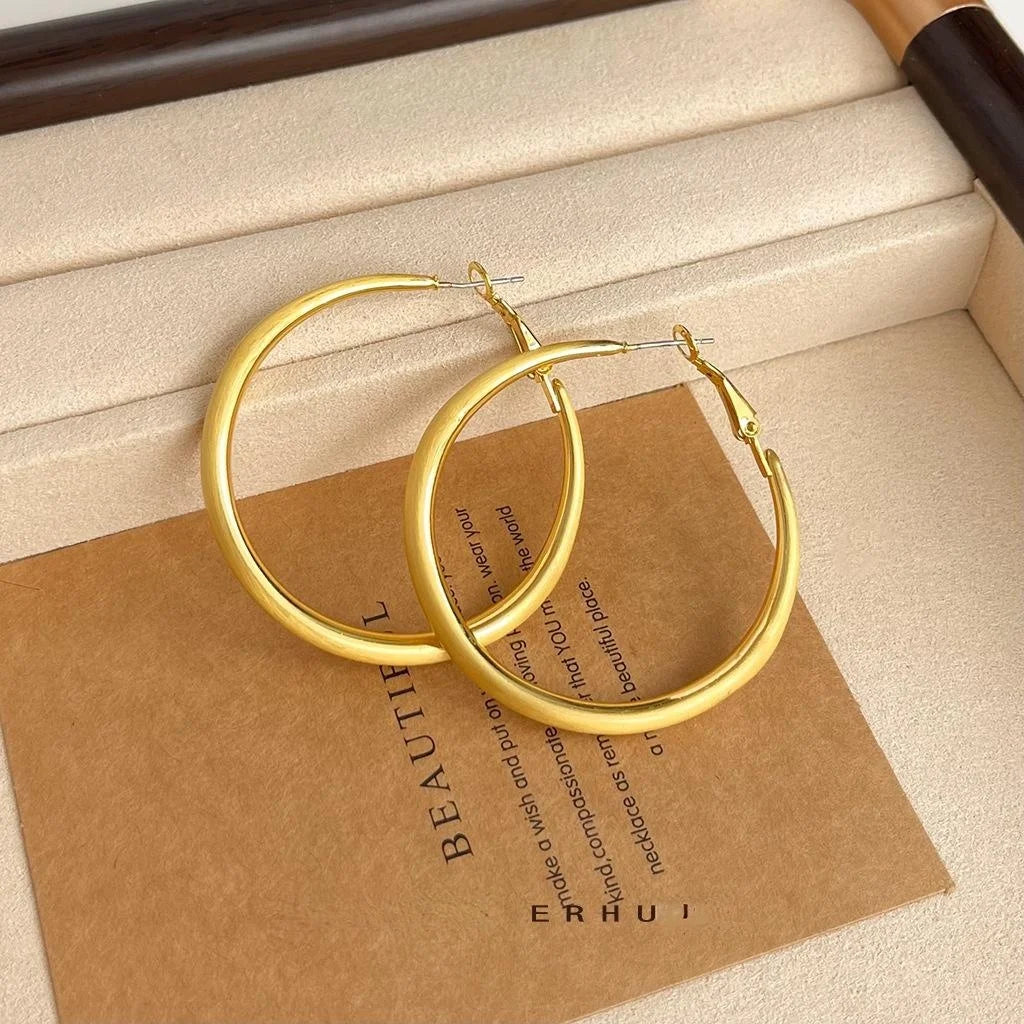 14K Electroplated Brushed Copper Large Round Hoop Earrings Minimalist Fashion Jewelry