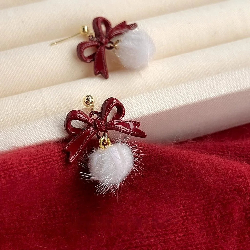 2025 Winter Burgundy Bow Pom Pom Drop Earrings Sweet Vintage Metal Fashion Jewelry