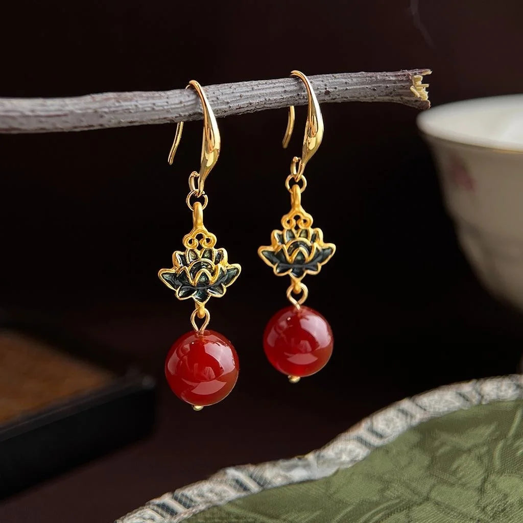 New Chinese Retro Enamel Painted Lotus Red Agate Geometric Drop Earrings