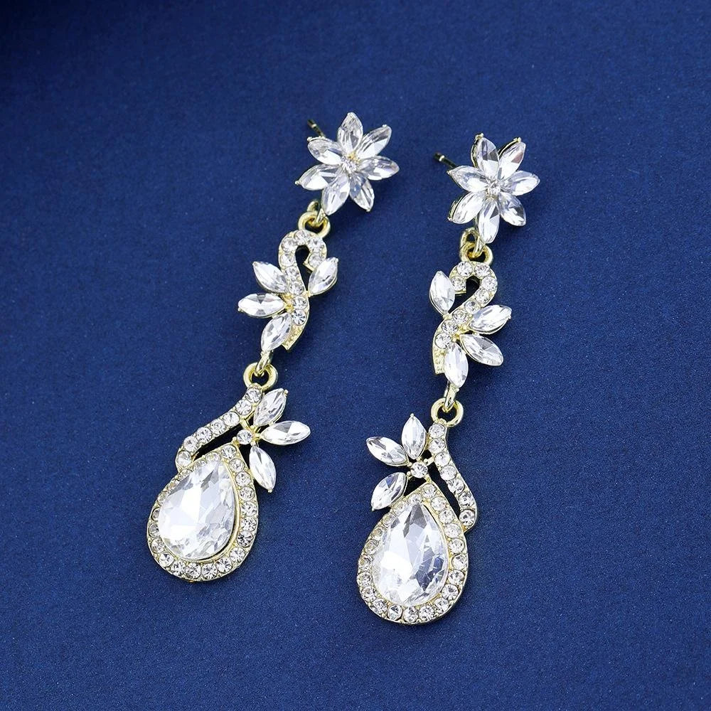 Elegant Rhinestone Crystal Flower Long Tassel Earrings, Silver Alloy Bridal Dangle Jewelry For Wedding Party