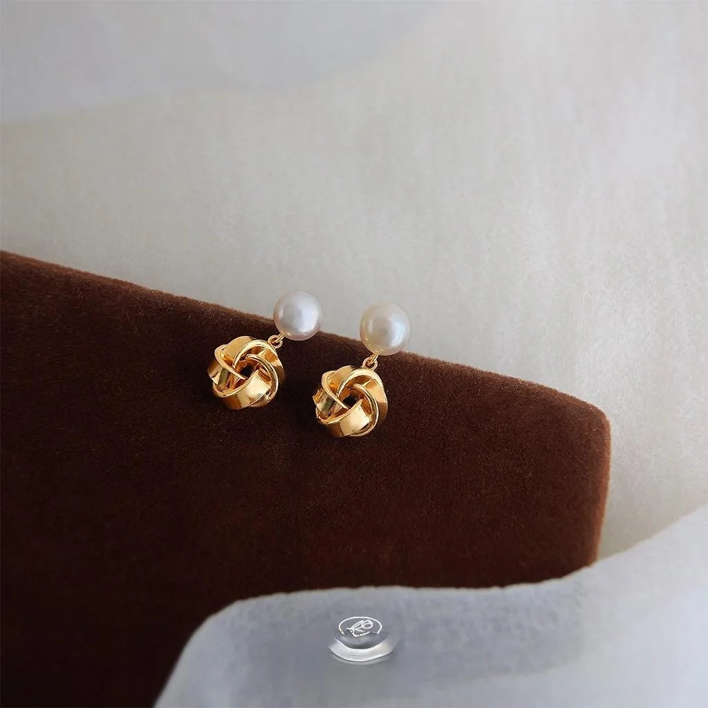 Minimalist Freshwater Pearl Geometric Line Drop Earrings 14K Gold Plated Copper Elegant Daily Jewelry