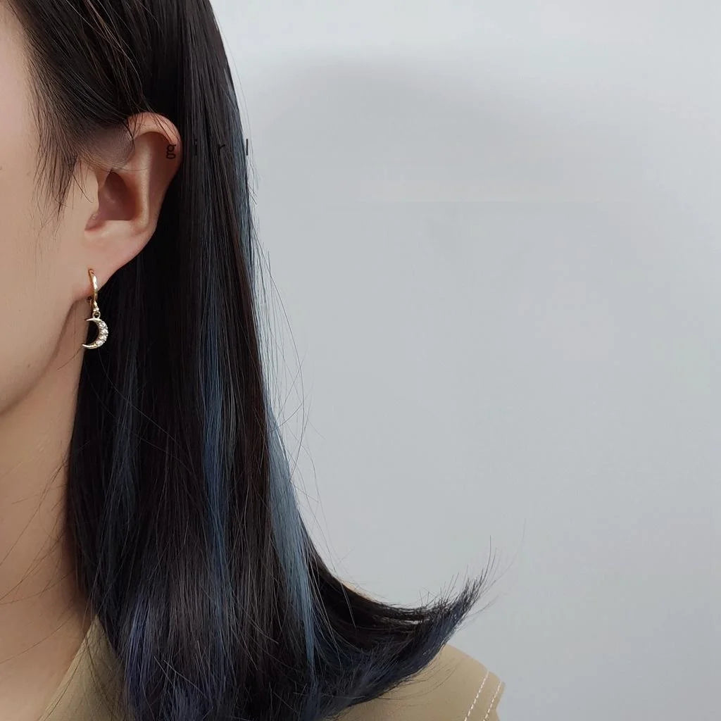14K Gold Plated Zircon Star Moon Hoop Earrings Korean Minimalist Eight Point Design
