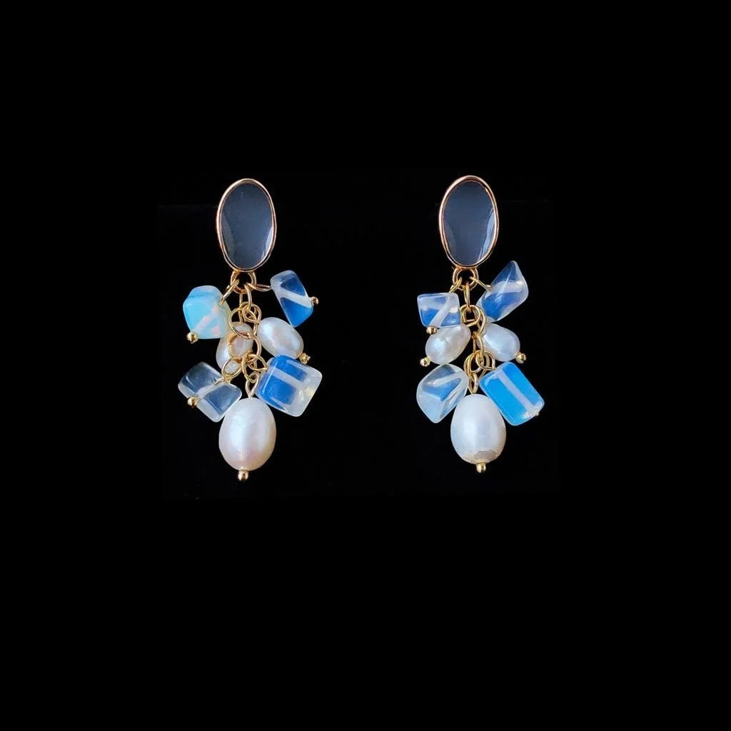 Handmade Forest Style 14K Gold Plated Opal Freshwater Pearl Geometric Drop Earrings For Women