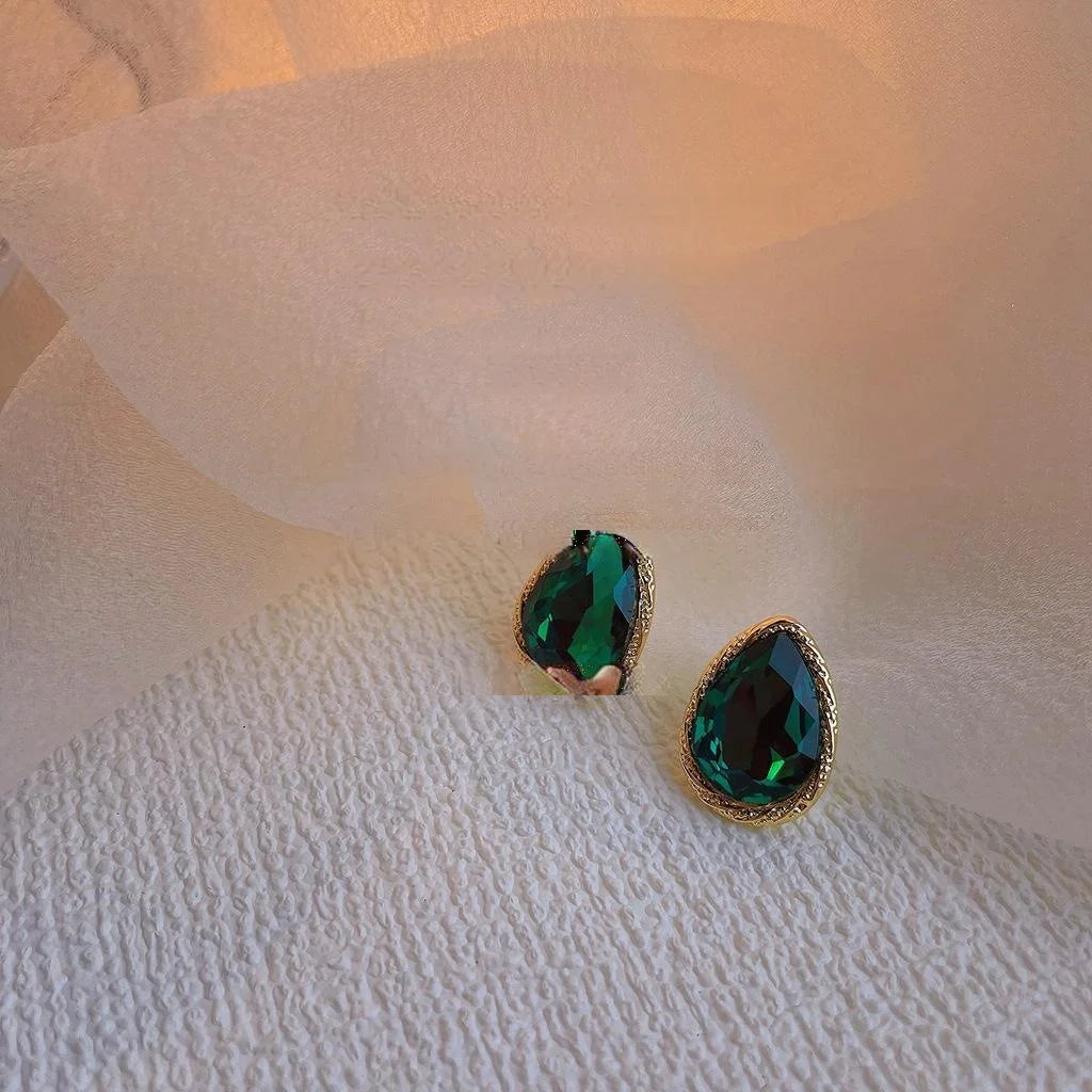 Vintage Luxury Emerald Green Glass Crystal Teardrop Stud Earrings For Women