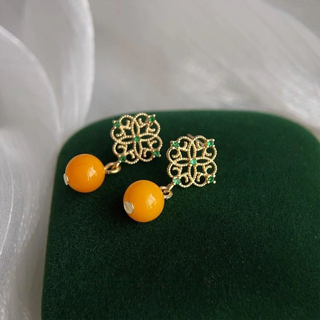 French Vintage Geometric Round Faux Amber Copper 14K Plated Stud Earrings For Women