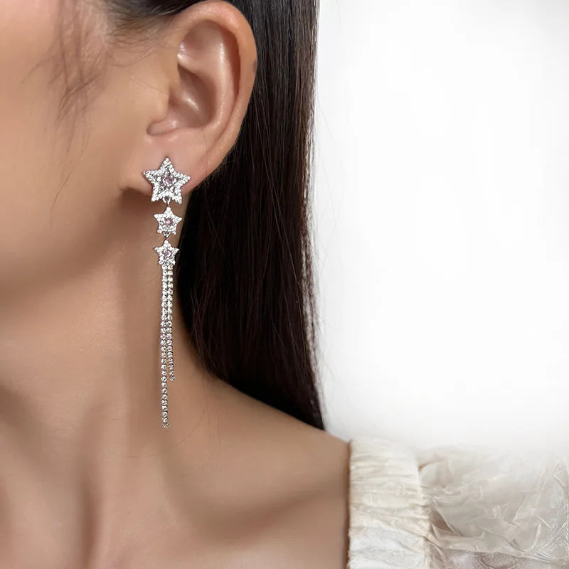 Elegant Luxury Rhinestone Star Charm Long Chain Tassel Stud & Clip On No Piercing Dangle Earrings