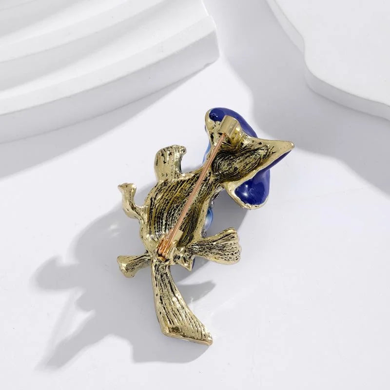 Cute Enamel Blue Parrot In Cowboy Hat Brooch With Rhinestones, Animal Lapel Pin Corsage Gift