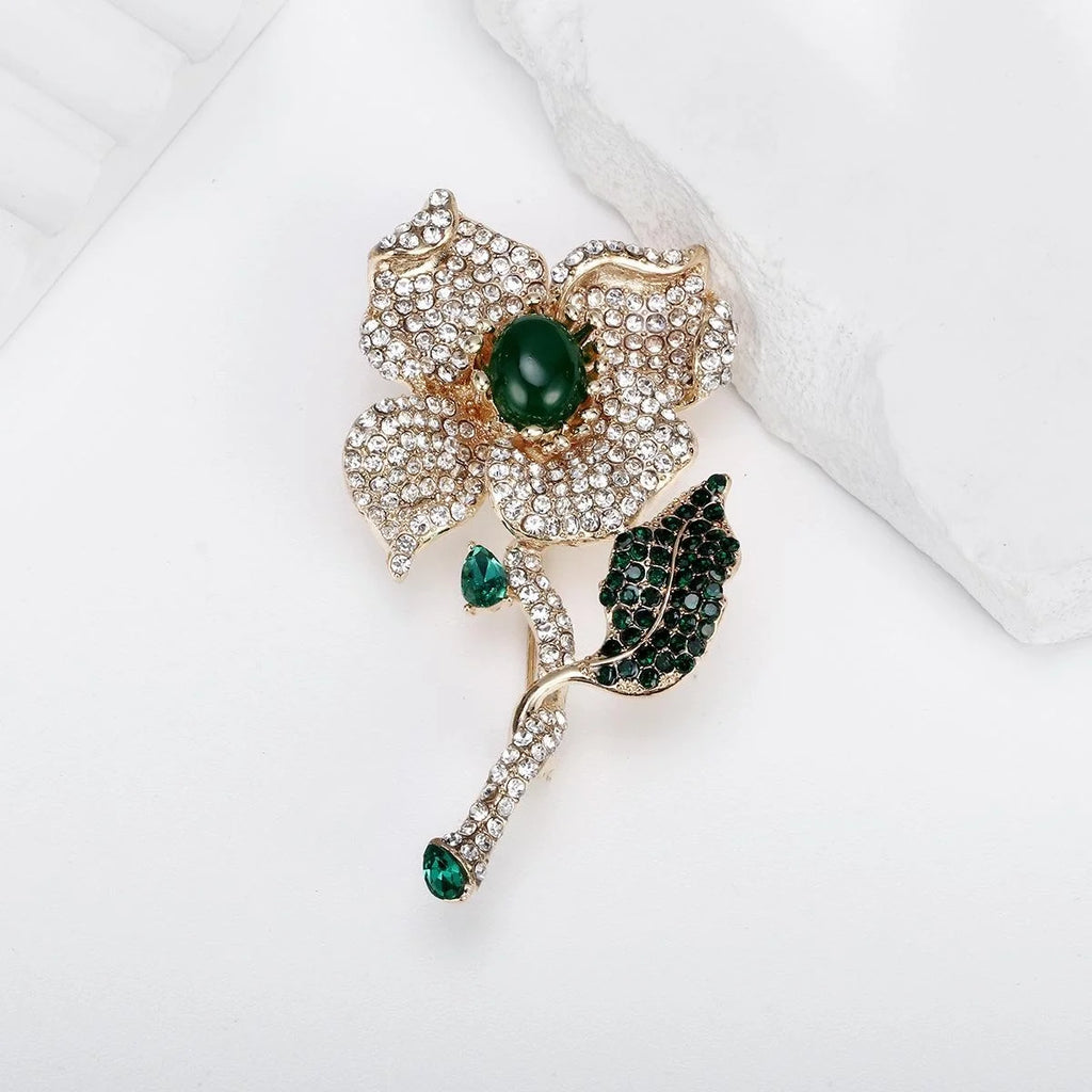 Elegant Full Rhinestone Flower Brooch With Green Zircon Leaf, Luxury Alloy Lapel Pin Corsage Suit Accessory