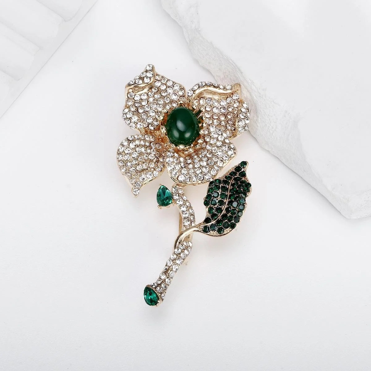Elegant Full Rhinestone Flower Brooch With Green Zircon Leaf, Luxury Alloy Lapel Pin Corsage Suit Accessory