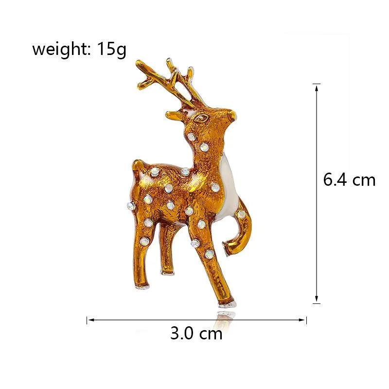 Cute Christmas Deer Enamel Rhinestone Brooch, Gold Reindeer Lapel Pin Corsage Holiday Jewelry Gift