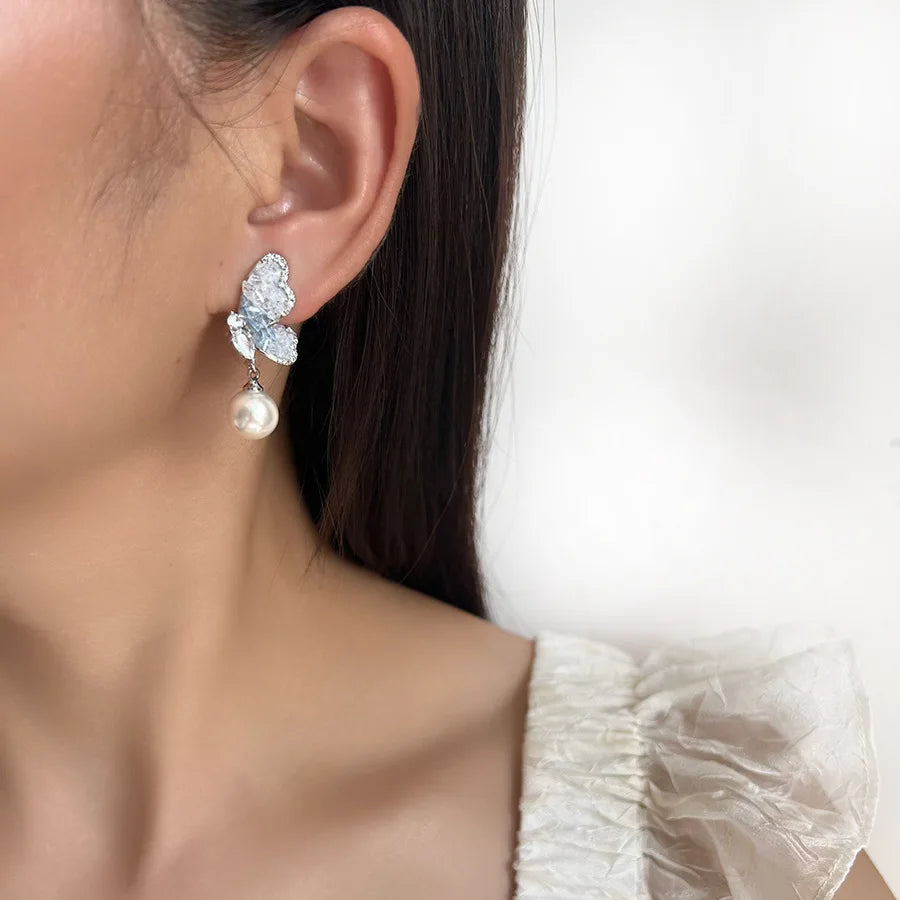 Elegant Blue Crystal Butterfly Pearl Drop Stud & Clip On No Piercing Luxury Rhinestone Earrings
