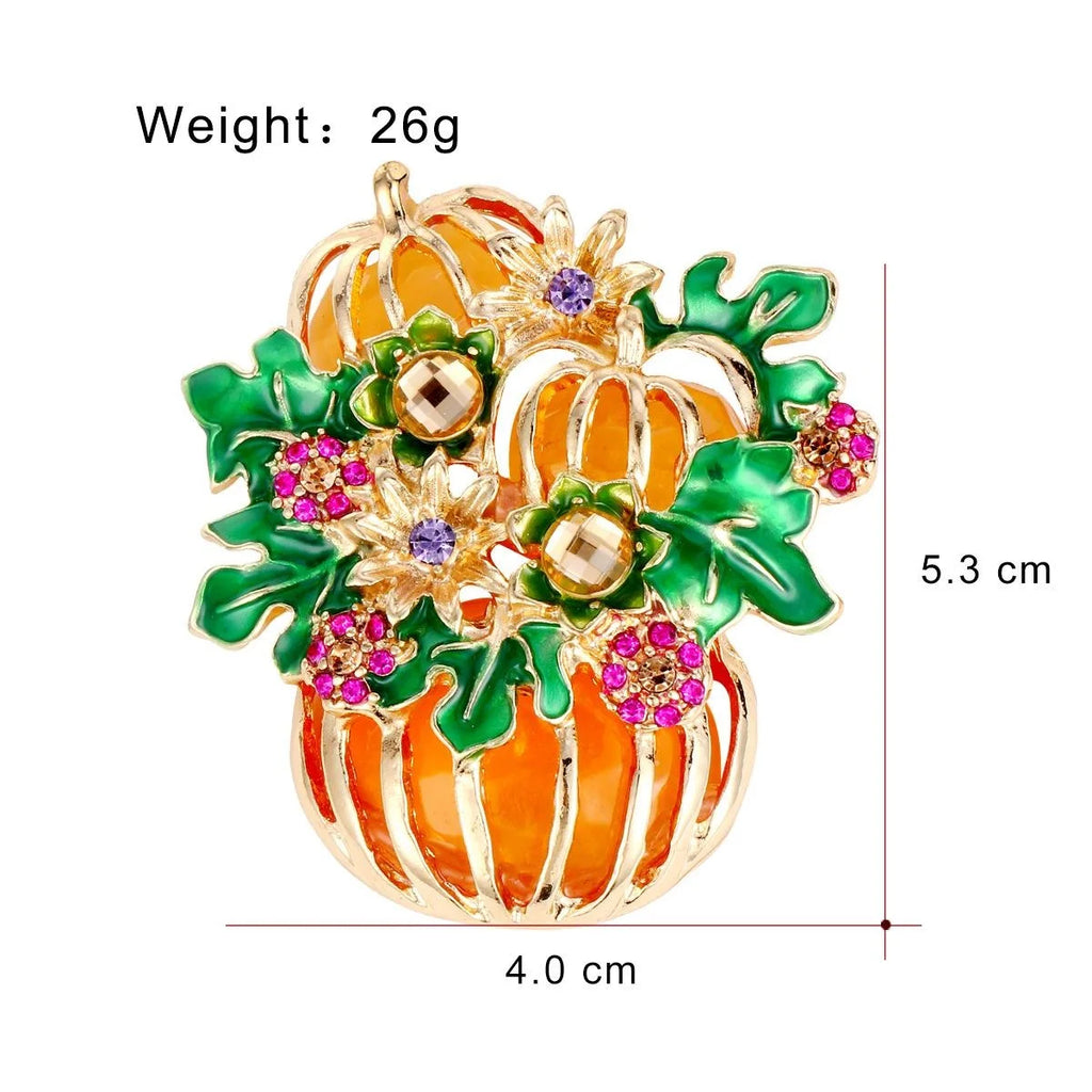 Elegant Enamel Pumpkin And Leaf Rhinestone Brooch, Gold Tone Alloy Halloween Lapel Pin Corsage Gift