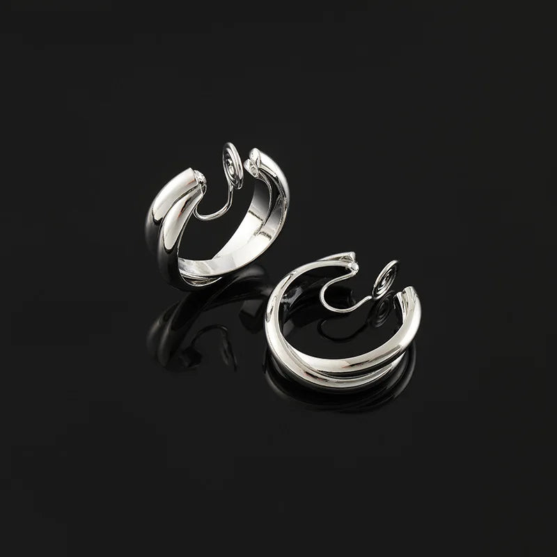 Elegant Alloy Double C Hoop Stud & Clip On No Piercing Silver Tone Hong Kong Style Women's Earrings