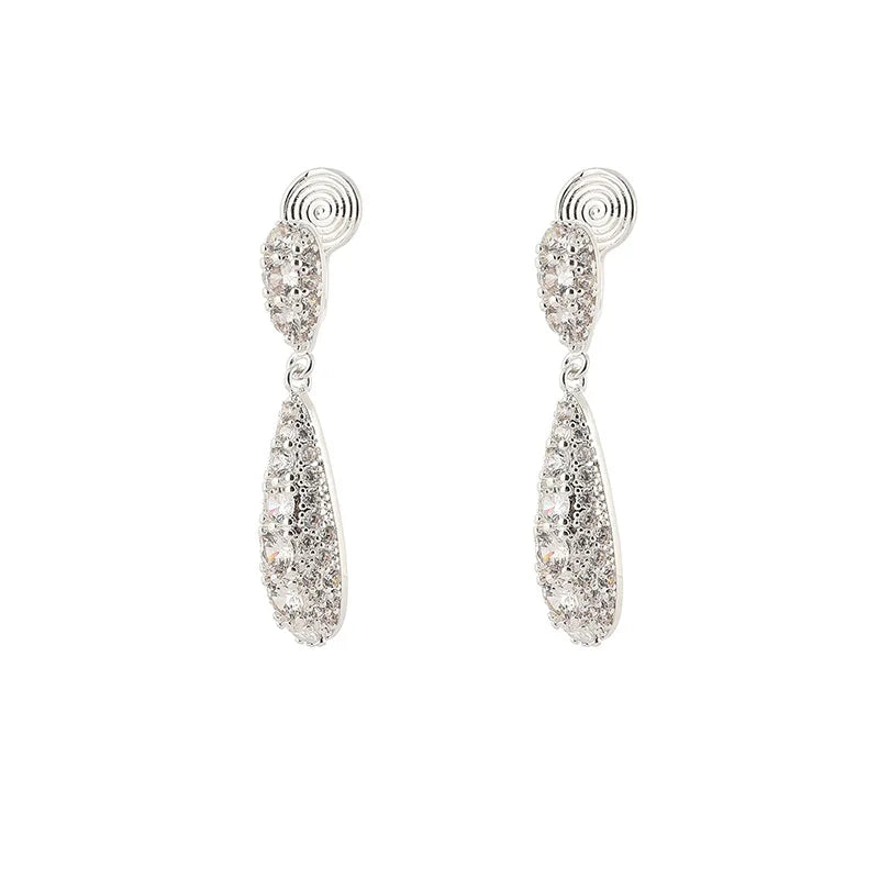 Elegant Luxury Rhinestone Teardrop Tassel Dangle Stud & Clip On No Piercing Long Bridal Earrings