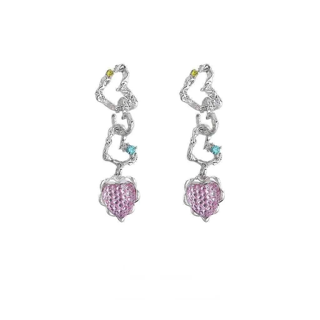 Sweet Cool Pink Heart Geometric Rhinestone Long Drop Earrings For Women