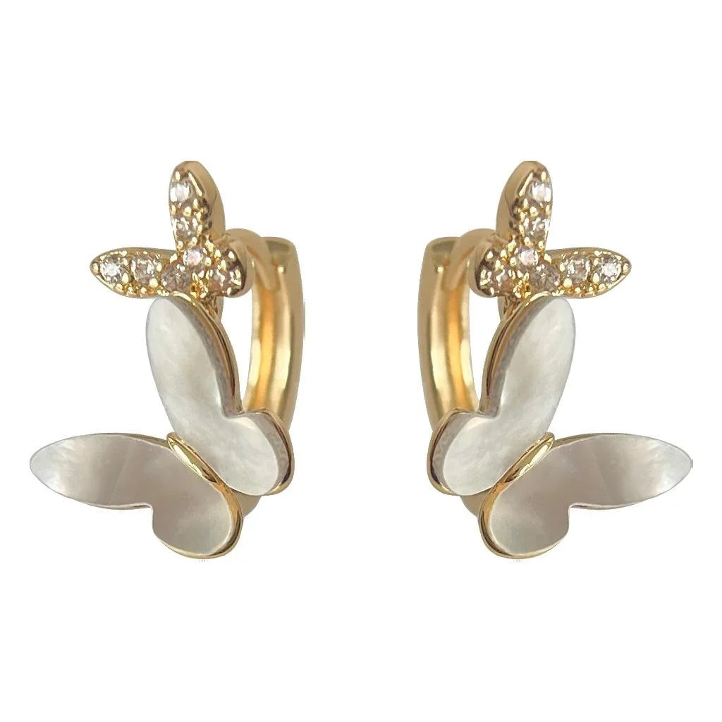 14K Gold Plated Copper Shell Butterfly Stud Earrings With Micro Pave Zircon, French Vintage Style