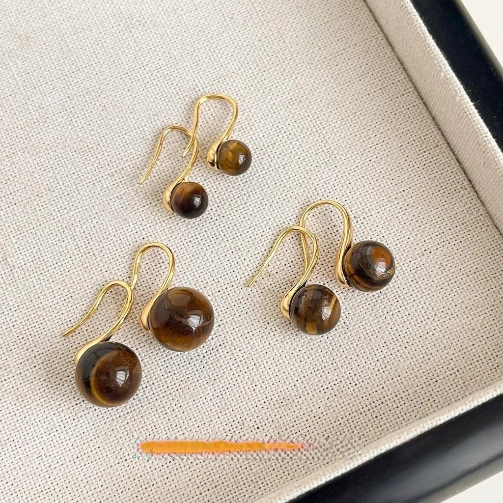 14K Plated Tiger Eye Round Geometric Ball Drop Earrings For Women Minimalist Commuter Jewelry