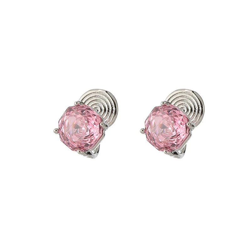 Elegant Luxury Rose Cut Pink Zircon Spiral Shell Stud & Clip On No Piercing Silver Tone Earrings