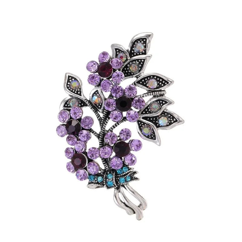 Elegant Purple Rhinestone Flower Bouquet And Leaf Brooch, Crystal Floral Lapel Pin Corsage Gift