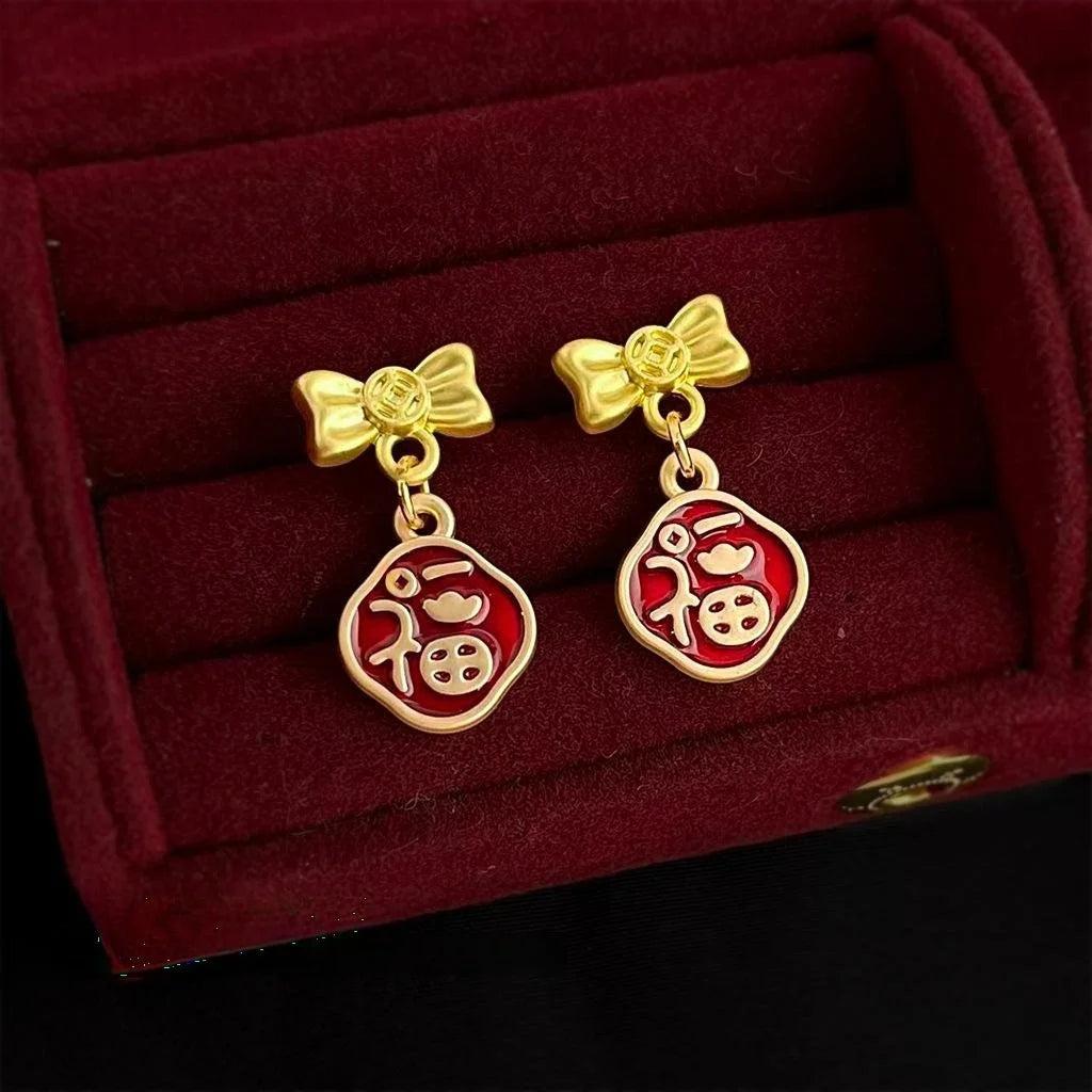 Chinese New Year Bow Fu Drop Earrings Matte Copper For Women