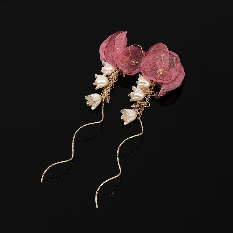 Elegant Pink Flower Pearl Tassel Stud & Clip On No Piercing Long Chain Wind Chime Earrings