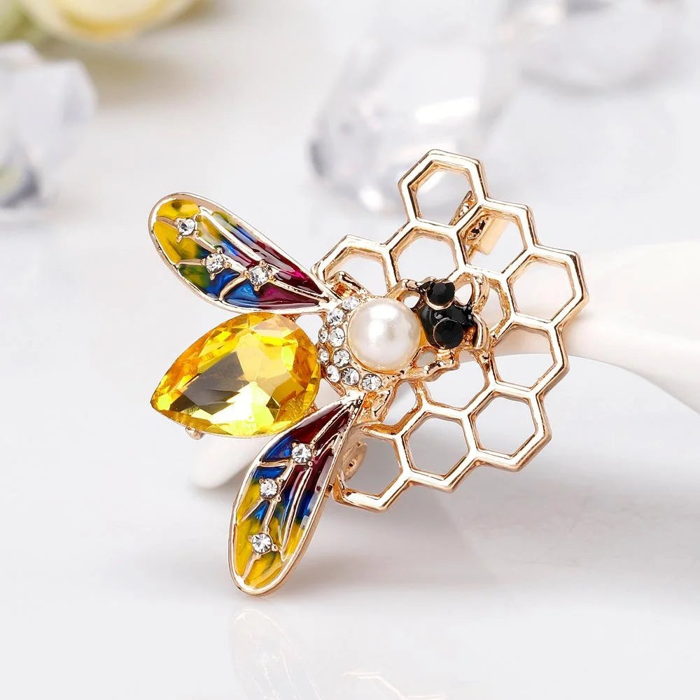 Luxury Enamel Bee Honeycomb Brooch With Pearl Rhinestone Alloy Lapel Pin Corsage Gift For Women