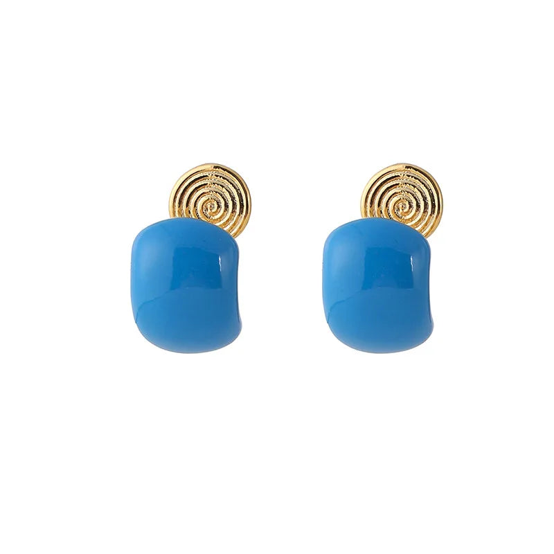 Elegant Klein Blue Enamel Rounded Bean Stud & Clip On No Piercing Women's Fashion Earrings