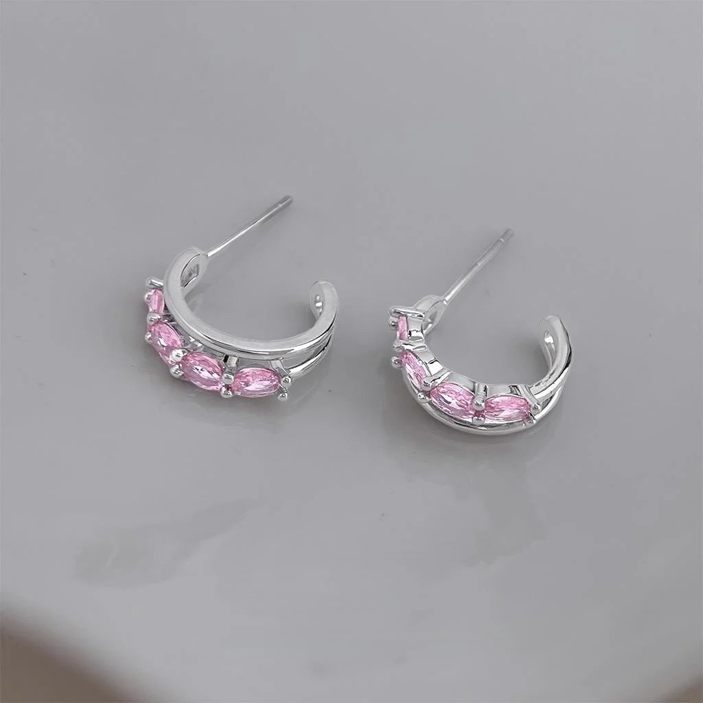 Pink Zircon Micro Pave Copper C-Shaped Double Layer Hoop Earrings Sweet Luxury Style