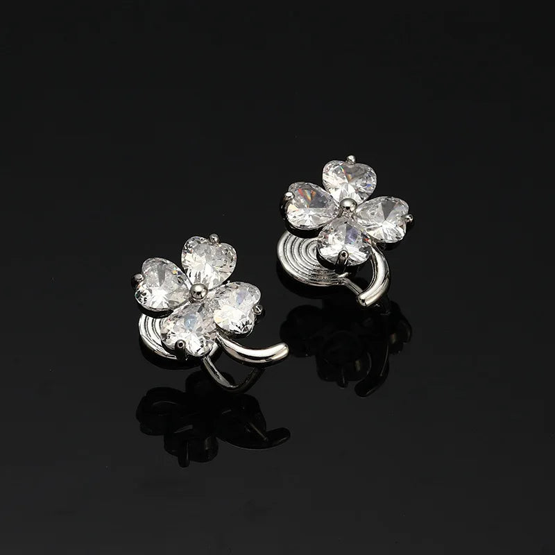Elegant Alloy Zircon Lucky Clover Flower Stud & Clip On No Piercing Commuter Ear Cuff Earrings