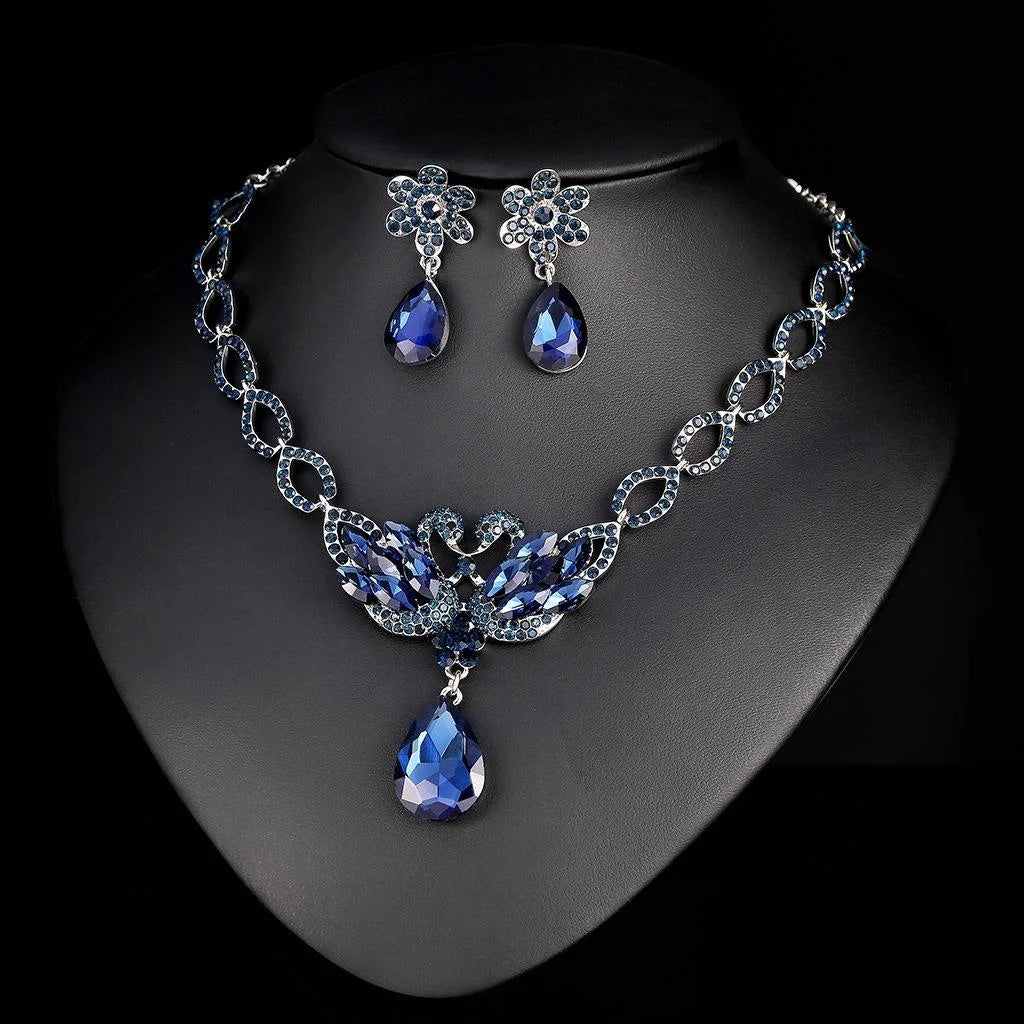 Luxury Bridal Swan Crystal Rhinestone Alloy Jewelry Set With Teardrop Necklace Earrings For Wedding