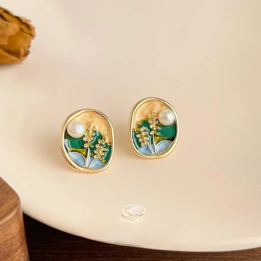 14K Gold Plated Copper Freshwater Pearl Stud Earrings French Vintage Irregular Floral Wheat