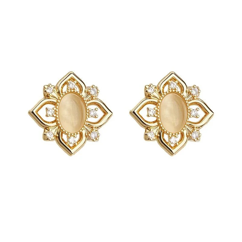 Light Luxury 14K Plated Copper Geometric Hollow Stud Earrings With Zircon Glass Cat Eye Stones