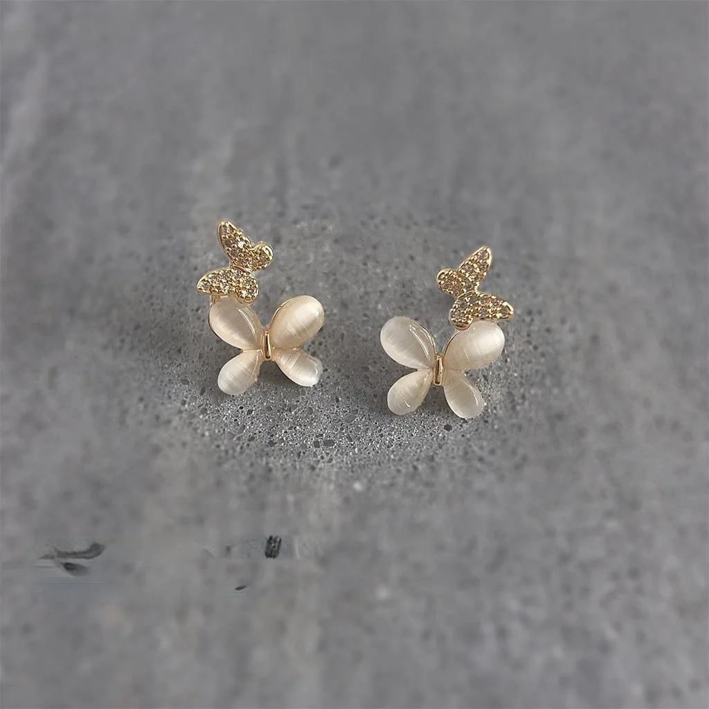 Sweet Butterfly Glass Cat Eye Stone Zircon Micro Pave 14K Plated Drop Earrings
