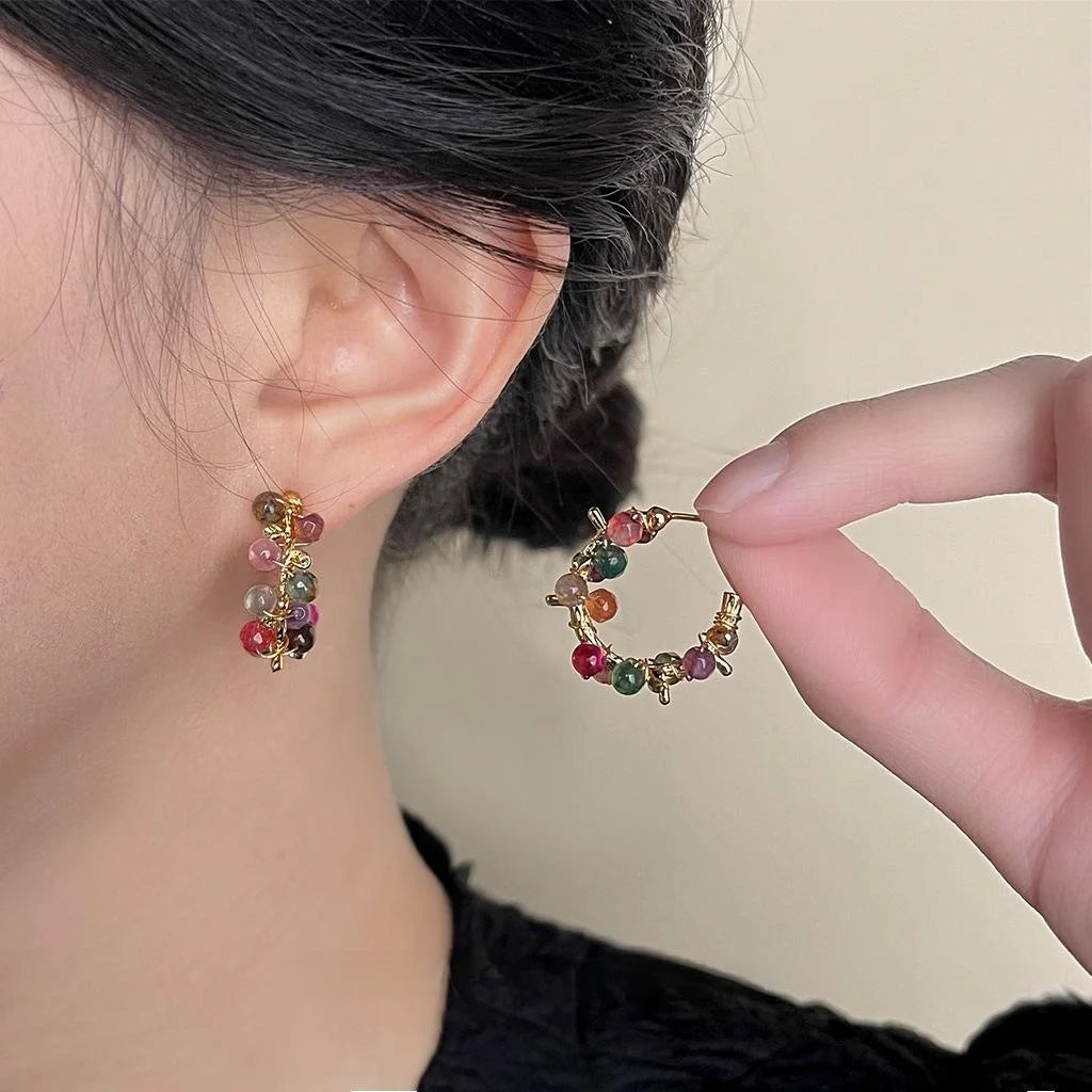 14K Gold Plated Agate Geometric Floral Wreath Drop Earrings Handmade Forest Fairy Style Summer Jewelry