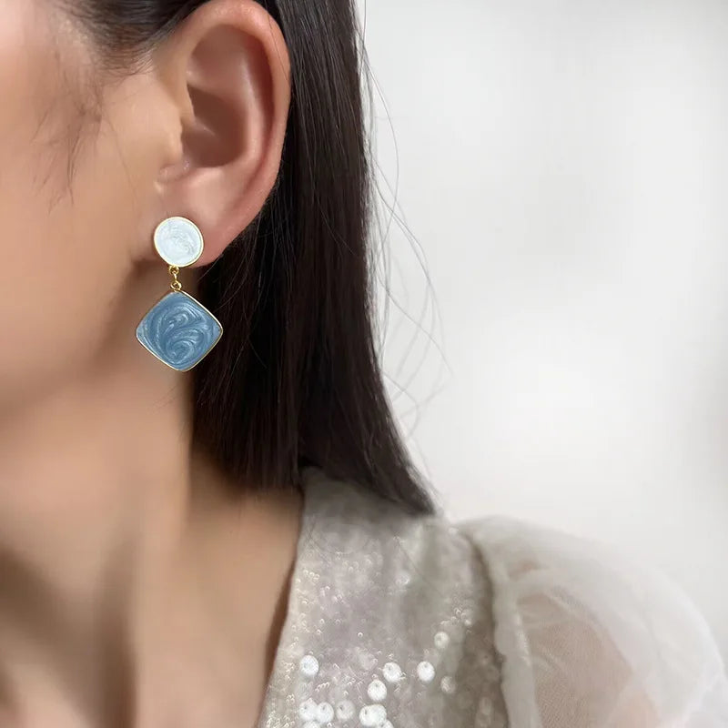Elegant Asymmetric Blue White Enamel Alloy Geometric Disc Stud & Clip On No Piercing Drop Earrings