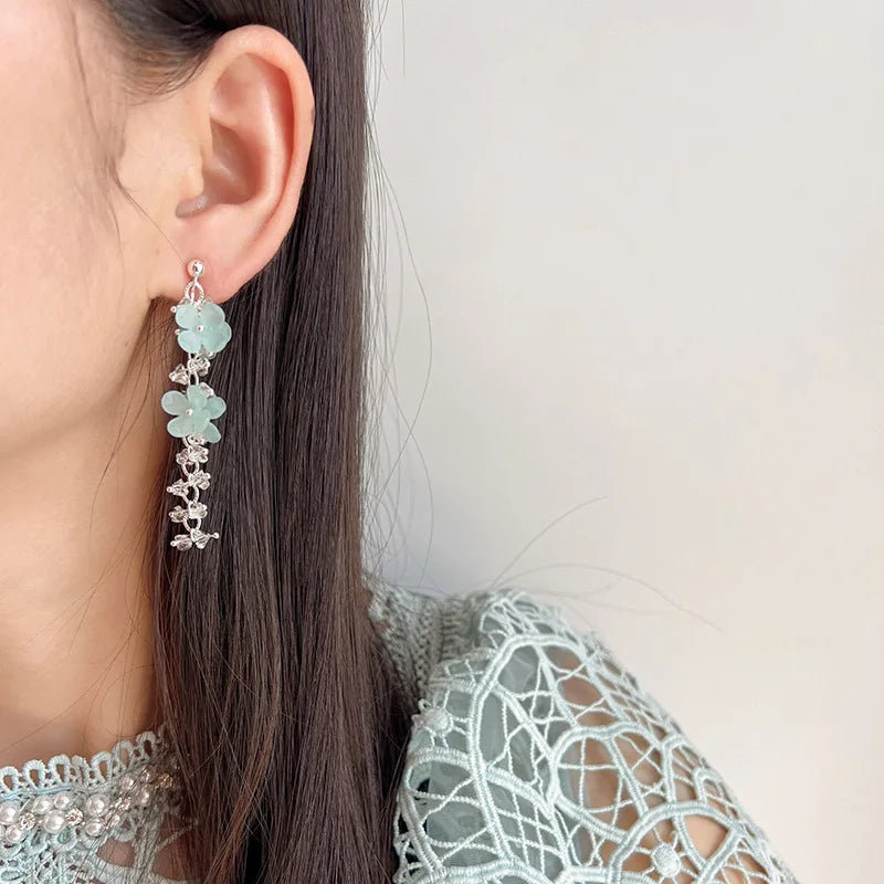 Elegant Blue Flower Crystal Vine Long Tassel Alloy Stud & Clip On No Piercing Sweet Earrings
