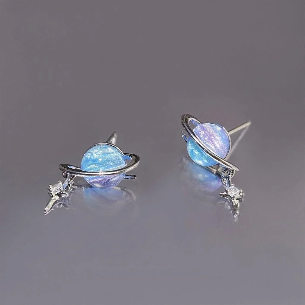 Sweet Cool Colorful Saturn Star Stud Earrings Copper Micro Pave Zircon Fashion Jewelry