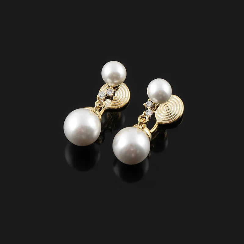 Elegant Faux Pearl Spiral Disc Drop Stud & Clip On No Piercing Alloy Rhinestone Dangle Earrings
