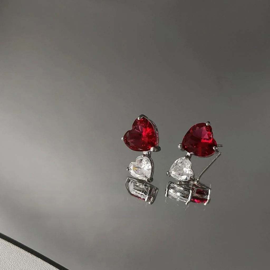 French Elegant Double Heart Zircon Stud Earrings Two Tone Sparkling Heart Jewelry