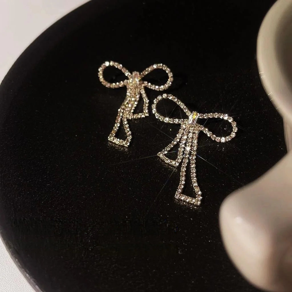 Luxury 14K Plated Copper Rhinestone Bow Drop Earrings With Silver Plated Pins For Women