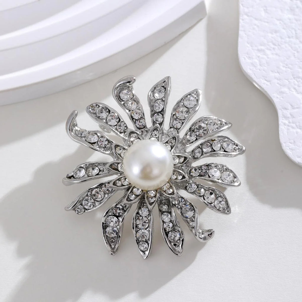 Luxury Sunflower Pearl Rhinestone Brooch Pin, Silver Alloy Crystal Lapel Corsage Suit Accessory Gift
