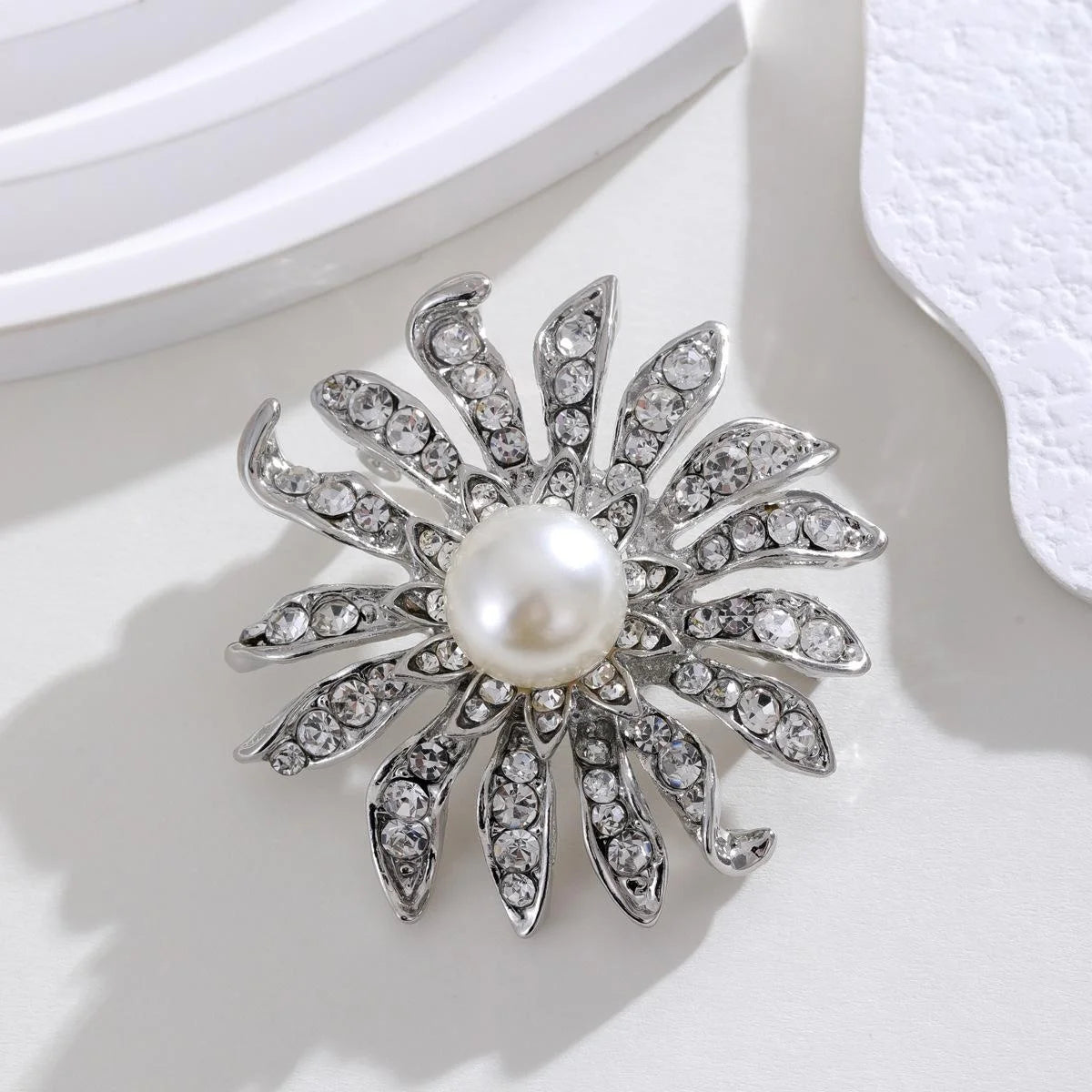 Luxury Sunflower Pearl Rhinestone Brooch Pin, Silver Alloy Crystal Lapel Corsage Suit Accessory Gift