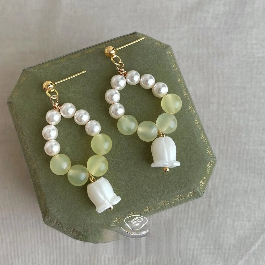 Handmade Jade Lily Of The Valley Tulip Drop Earrings Elegant Fresh Forest Style Geometric Jewelry