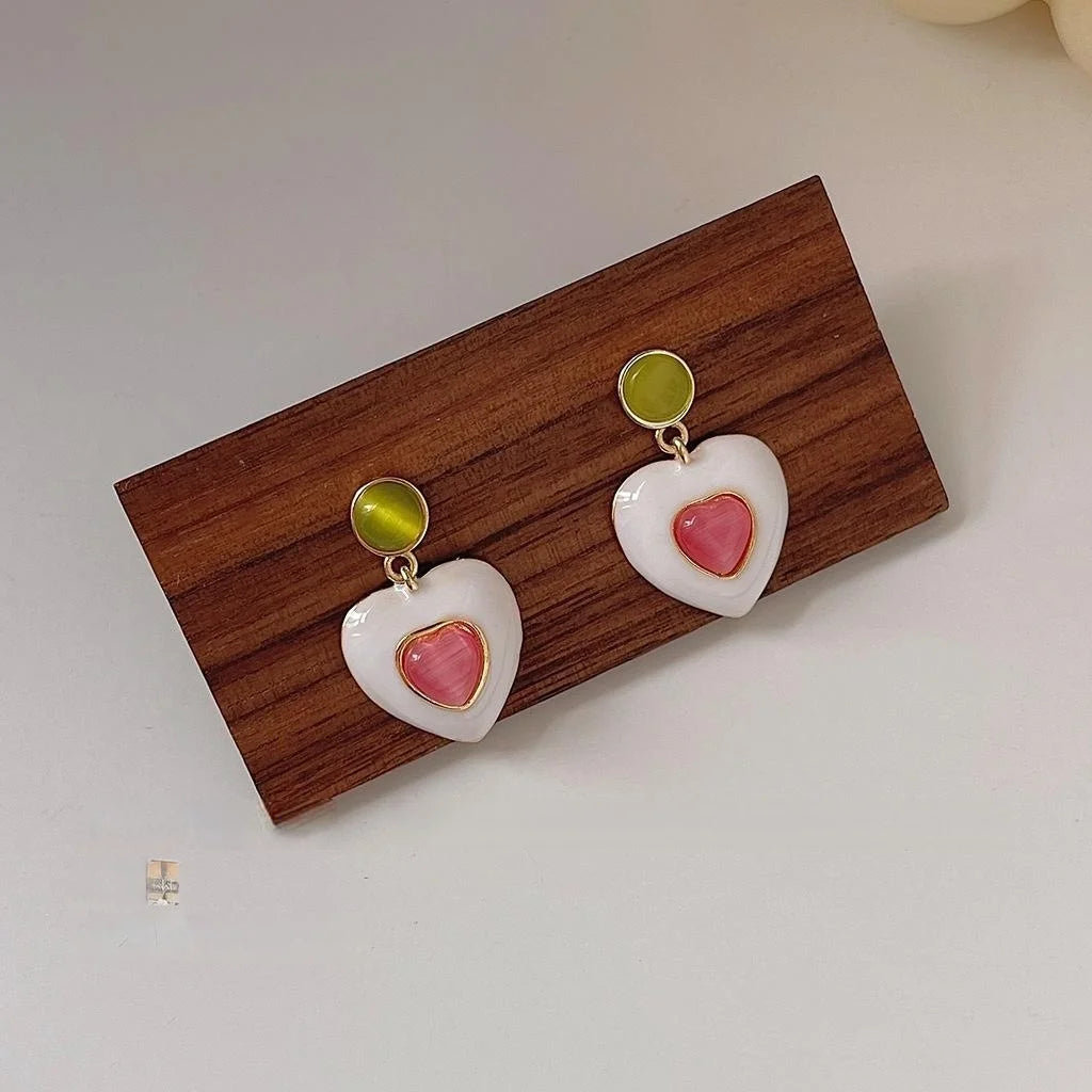 French Vintage Heart Drop Earrings Copper Glass Cat Eye Stone Enamel Silver Plated Pins