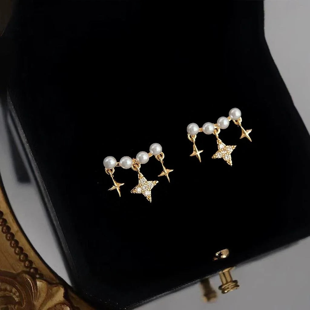 Versatile Copper Zircon Meteor Arc Stud Earrings With Pearl Star Smile Design