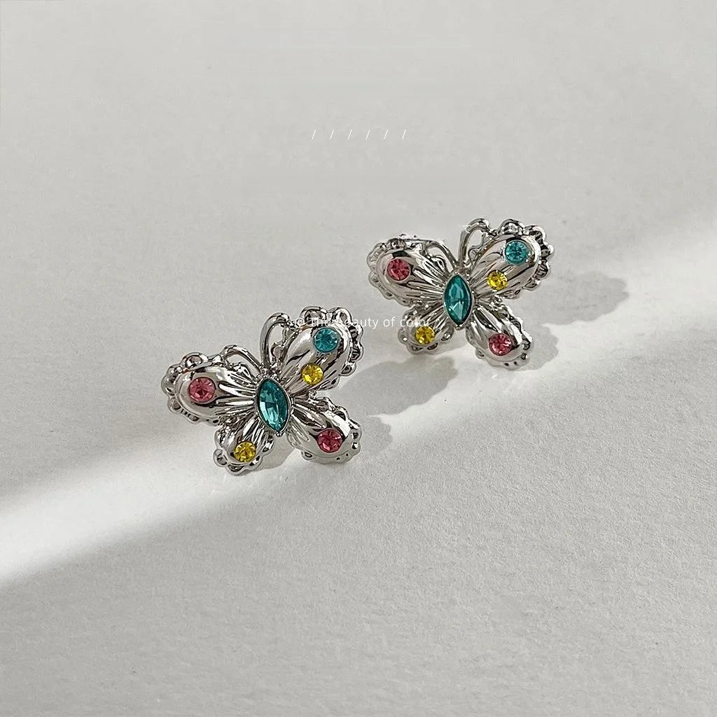 Sweet Cool Copper Butterfly Drop Earrings With Colorful Rhinestones, Niche Light Luxury Jewelry