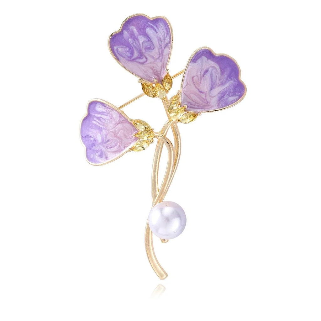Elegant New Chinese Purple Enamel Clover Flower Brooch With Pearl, Rhinestone Lapel Pin Corsage Gift