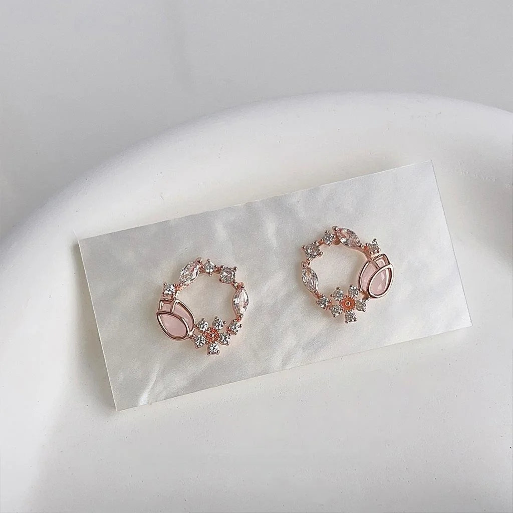 Sweet Rose Gold Floral Wreath Stud Earrings With Glass Cat Eye Stone And Micro Pave Zircon