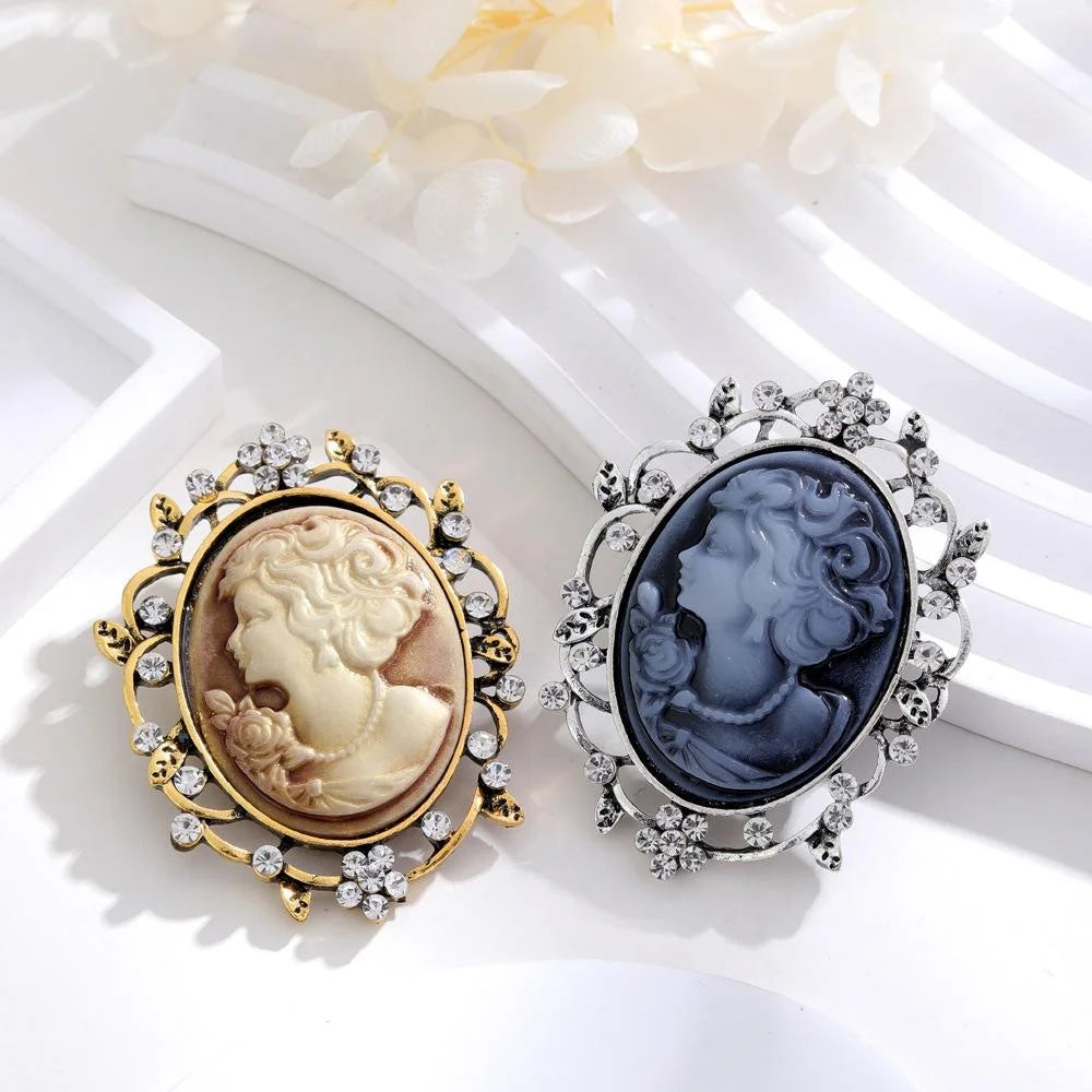 Vintage Lady Cameo Brooch With Rhinestone Alloy Frame, Elegant European Lapel Pin Suit Accessory Gift